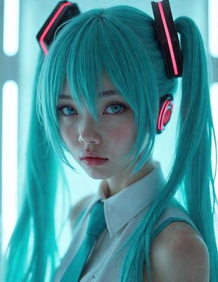 The primary subject of the image is a woman wearing a white shirt and a blue tie. She is wearing headphones and has a blue hair color. The setting is a room with a backdrop of a wall. The visual style is a photo, and the colors and mood are predominantly blue and cool.